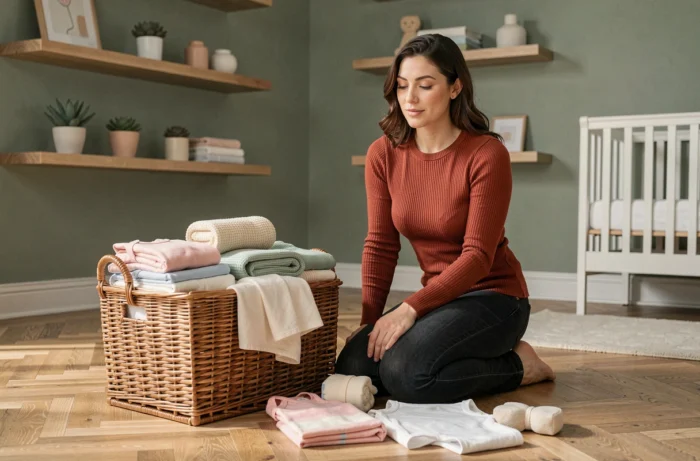 Maman découvrant des nouveautés mode bébé et accessoires tendance dans une chambre d'enfant moderne