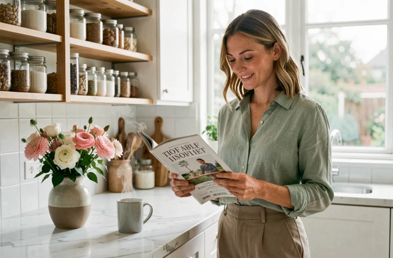Jeune maman dans une cuisine scandinave moderne feuilletant un magazine de tendances avec un sourire naturel