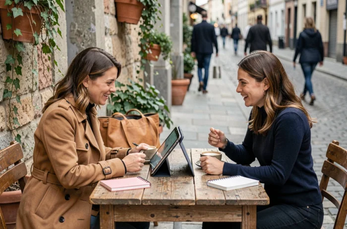 Deux mamans branchées discutant des dernières tendances et actualités pour les mamans en terrasse de café urbain