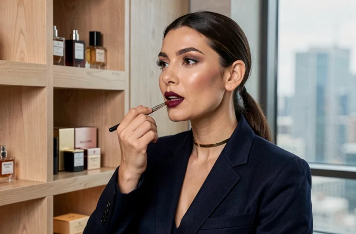 Femme appliquant un rouge à lèvres berry devant une étagère de produits de beauté de luxe, inspiré des tendances Tiffany and Co