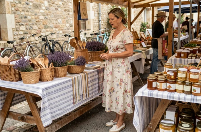 Femme provençale parcourant les étals d'un marché artisanal de Fuveau avec produits locaux lavande et miel