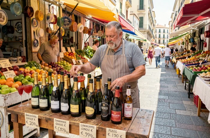 Étal de marché en plein air à Barcelone proposant des bouteilles de cava et bière artisanale locales à des prix attractifs