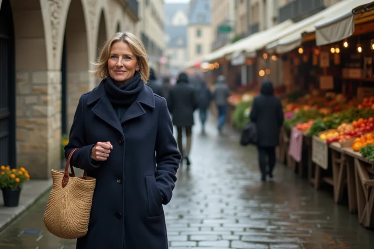 Femme faisant ses courses au marché des Lices à Rennes, avec des étals de légumes frais et l'architecture bretonne en arrière-plan