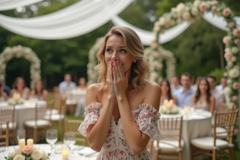Mariée surprise découvrant la décoration florale de son mariage surprise organisé dans un jardin romantique