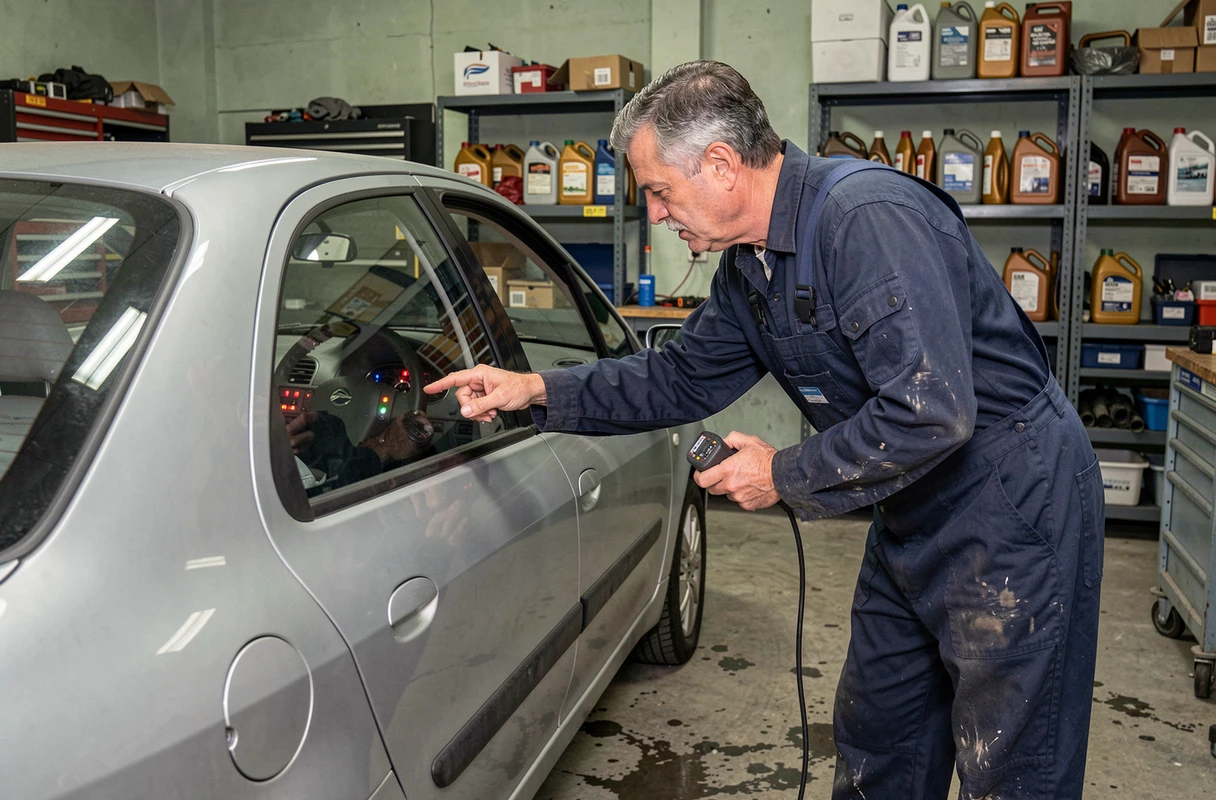 Mécanicien inspectant les voyants du tableau de bord d'une Xsara Picasso dans un atelier automobile