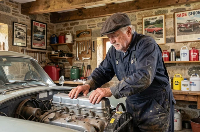 Mécanicien retraité inspectant le moteur d'une voiture de sport ancienne des années 1950 dans un garage en pierre traditionnel