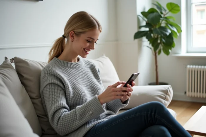 Jeune femme souriante sur un canapé en train de taper un message court sur son smartphone pour souhaiter un bon voyage de noce