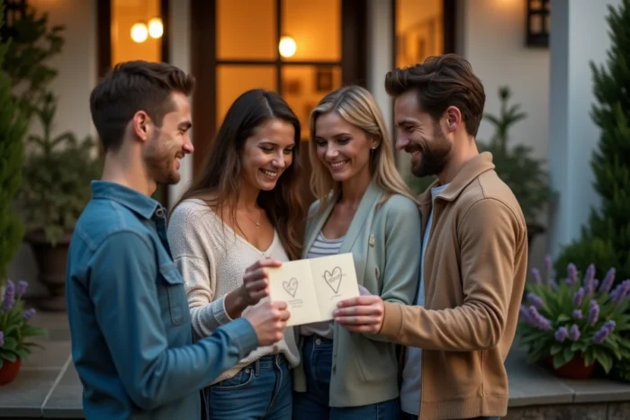 Deux couples d'amis sur un perron, l'un remettant à l'autre une carte de vœux signée en duo pour leur voyage de noce