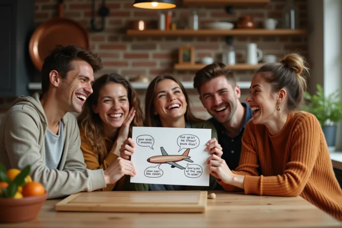 Groupe d'amis hilares autour d'une table de cuisine tenant une carte humoristique dessinée à la main pour le voyage de noce