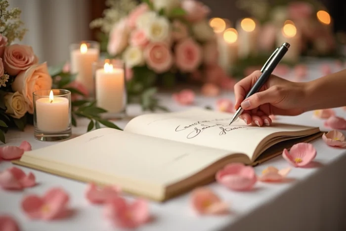 Main en train d'écrire un message dans le livre d'or d'un mariage, entourée de pétales de rose et de bougies en verre
