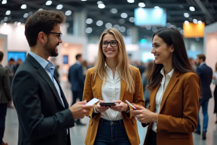 Groupe de jeunes professionnels en train d'échanger des cartes de visite lors d'un salon de l'emploi, ambiance dynamique et networking