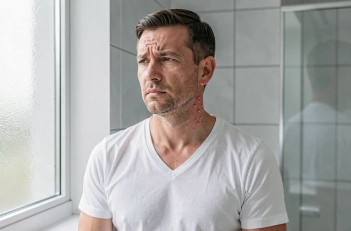 Homme examinant des nodules cutanés inflammatoires sur le cou devant un miroir de salle de bain