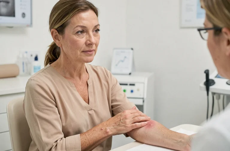 Femme consultant un dermatologue pour des nodules inflammatoires visibles sur l'avant-bras dans un cabinet médical moderne
