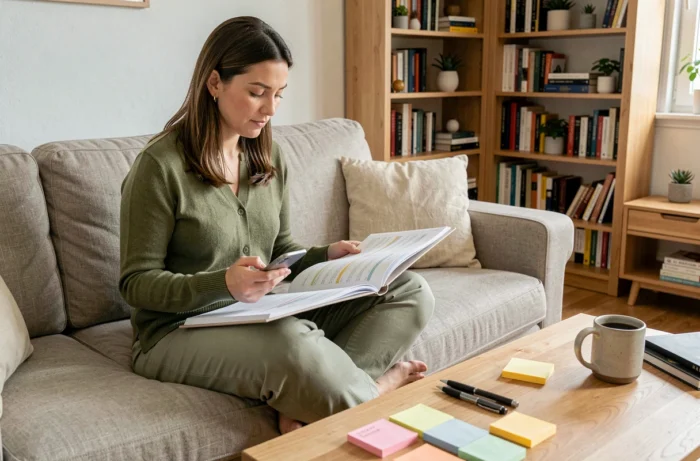 Femme organisant le planning familial avec un agenda papier et un smartphone dans un salon cosy