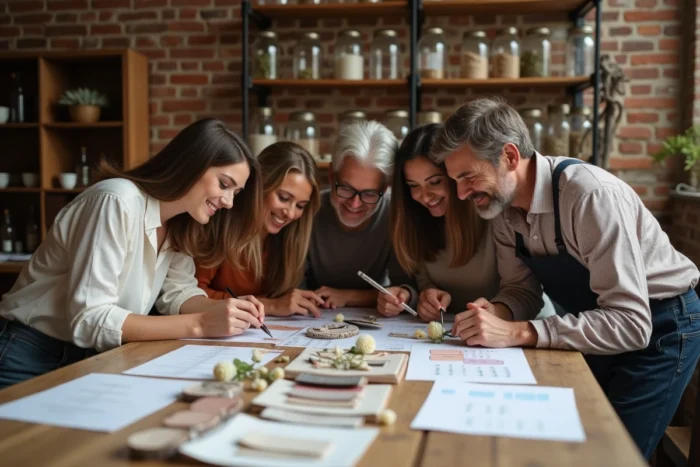 Groupe d'amis organisant en secret un mariage surprise autour d'une table avec des notes et échantillons floraux