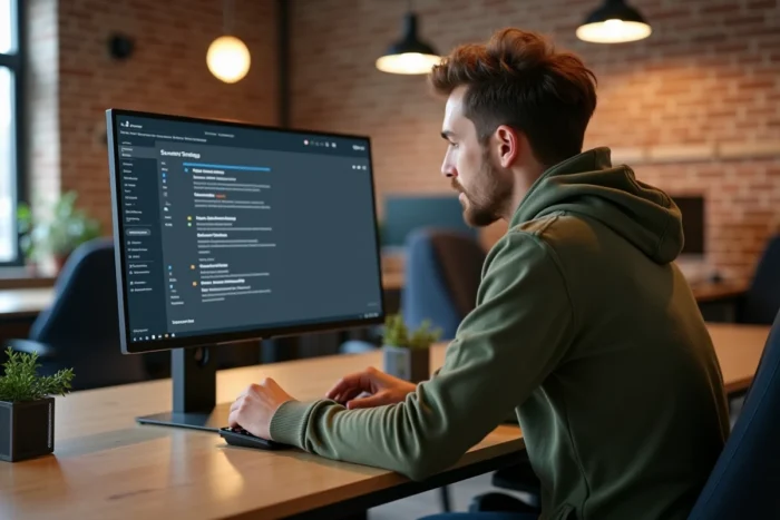 Jeune professionnel configurant les paramètres de sécurité de son compte Gozmap sur un ordinateur de bureau dans un espace de coworking