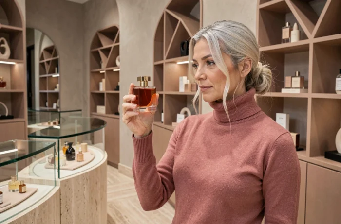 Femme élégante tenant un flacon de parfum dans une boutique de luxe aux sols en travertin, tendances beauté Tiffany and Co