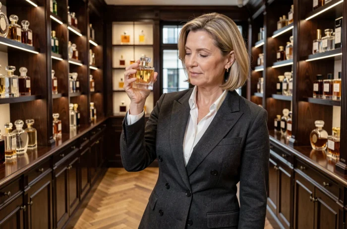 Femme sophistiquée tenant un flacon de parfum en cristal dans une parfumerie de luxe aux étagères en acajou et au parquet en chevrons