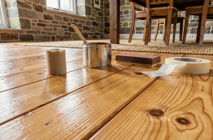 Détail d'un parquet en pin verni avec un vernis extérieur dans un salon rustique en pierre