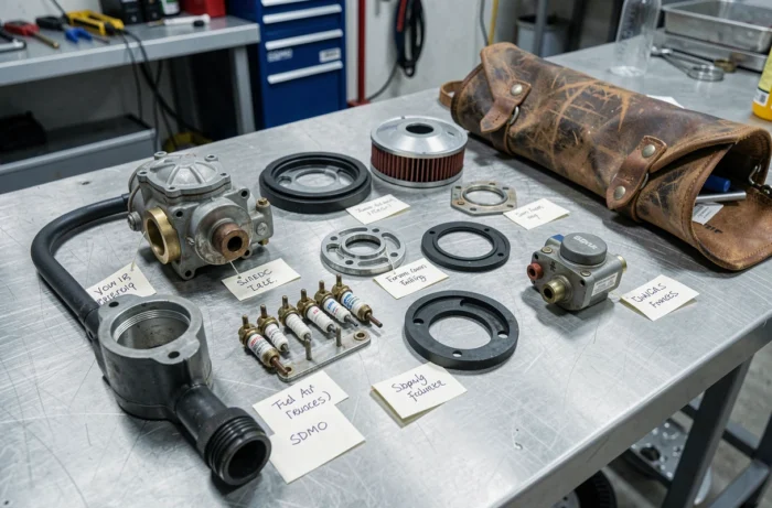 Pièces détachées d'un groupe électrogène SDMO démontées et organisées sur un établi d'atelier