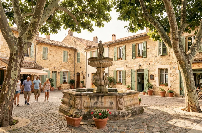 Place du village de Fuveau en Provence avec fontaine ancienne, bâtiments en pierre calcaire et habitants se promenant sur les pavés