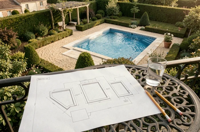 Vue en plongée d'un plan de jardin avec différentes tailles de piscine annotées sur une table de terrasse, piscine visible en arrière-plan