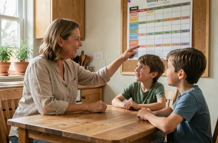 Mère et ses deux enfants planifiant les activités familiales devant un tableau de planification coloré dans une cuisine moderne
