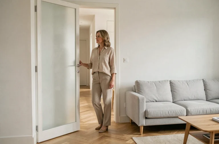 Porte battante vitrée à vitrage dépoli dans un salon moderne au style scandinave avec parquet en chêne clair