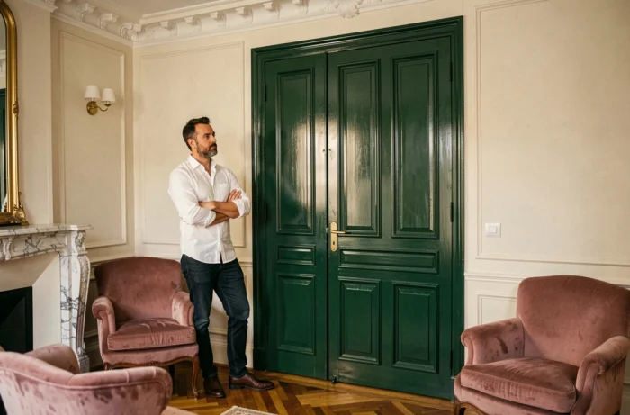 Porte battante pleine en bois laqué vert forêt dans un salon de style haussmannien avec cheminée en marbre