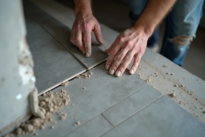Pose de carrelage effet pierre sur une marche d'escalier lors d'une rénovation par un artisan