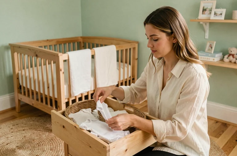 Jeune maman qui prépare la chambre de bébé en rangeant des vêtements dans une commode en bois dans une atmosphère apaisante