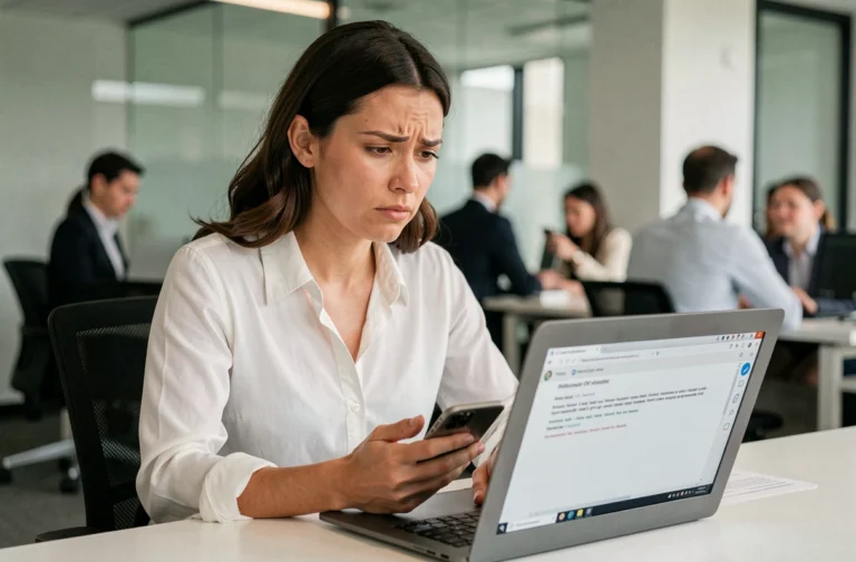 Employée L'Oréal face à un problème de connexion sur son ordinateur portable en entreprise