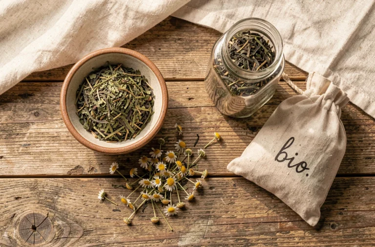 Assortiment de produits de thé bio en vrac présentés en flat lay sur une table en bois rustique avec fleurs séchées et bocaux en verre