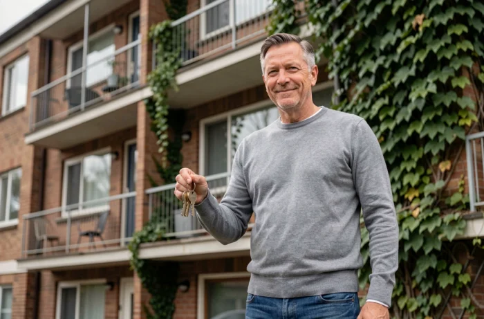 Propriétaire tenant des clés devant un immeuble résidentiel en briques, symbolisant l'accès au logement