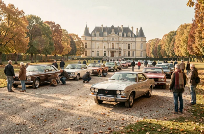 Rassemblement de voitures anciennes des années 1930 aux années 1970 devant un château français en automne, visiteurs enthousiastes
