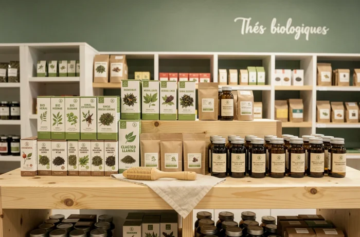 Rayon de produits de thé bio certifiés dans un magasin bio avec diverses catégories incluant infusions, extraits et sachets en papier kraft