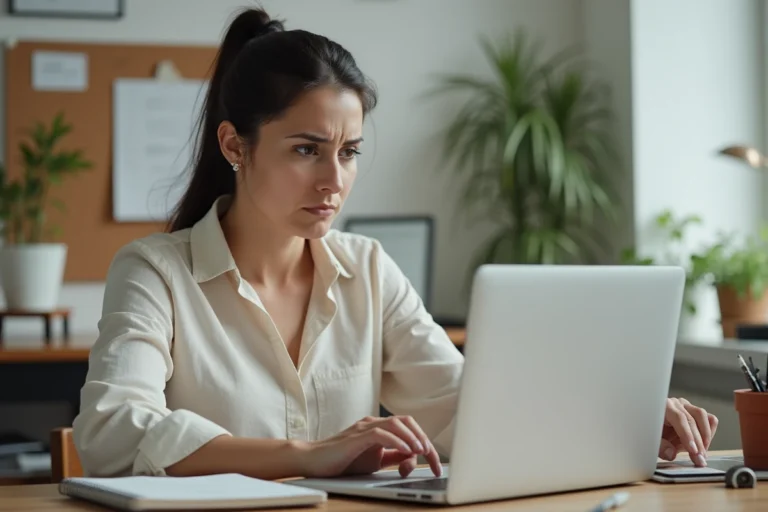 Femme cherchant des vols pas chers vers la Corse sur un ordinateur portable à son bureau à domicile