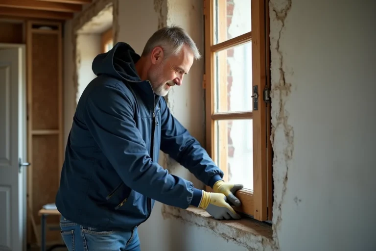Artisan en train de déposer un ancien cadre de fenêtre en bois lors de travaux de remplacement dans une maison individuelle