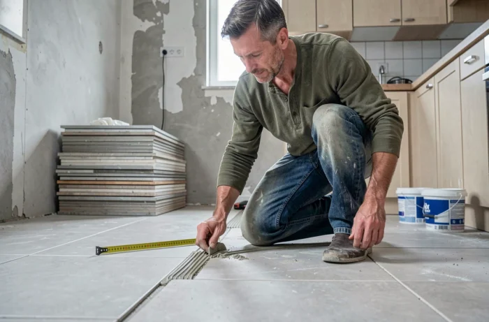 Homme posant du carrelage dans une cuisine en rénovation, travaux maison bricolage intérieur