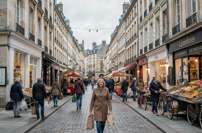 Rue commerçante animée d'une ville française à faible coût de la vie en automne