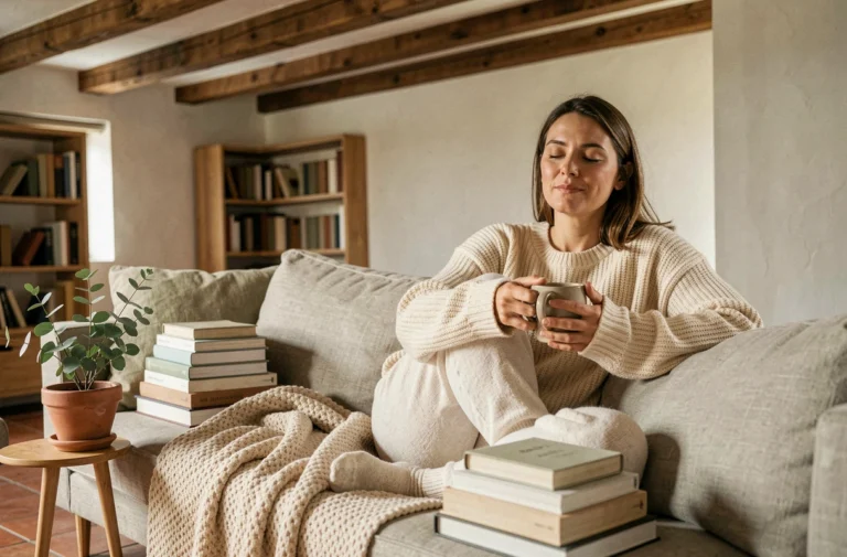 Femme en pull tricoté crème blottie sur un canapé en lin dans un salon cosy aux tons chauds et naturels