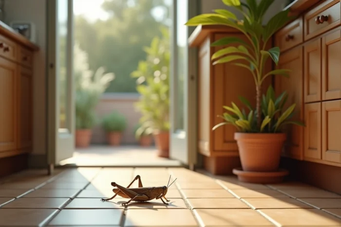 Sauterelle marron sur une plante séchée en pot près d'une porte ouverte dans une cuisine