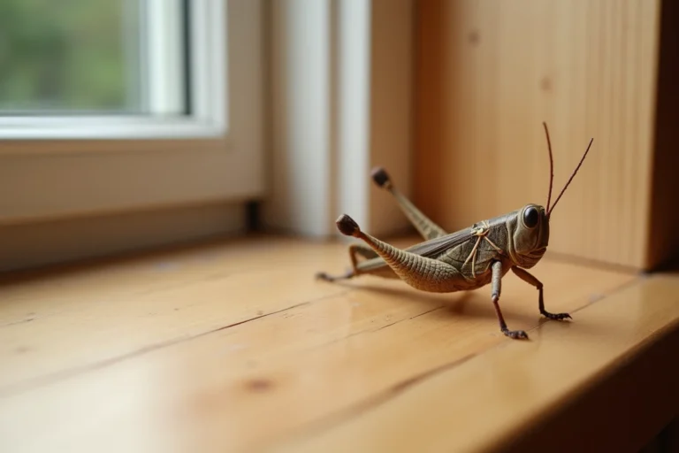 Sauterelle marron posée sur un rebord de fenêtre en bois à l'intérieur d'une maison