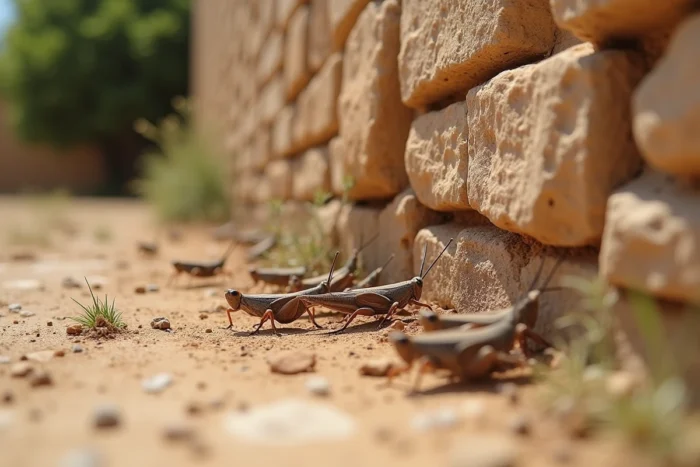 Sauterelles marron regroupées près d'un mur extérieur fissuré d'une maison en été