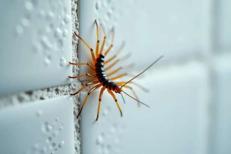 Gros plan d'une scutigère véloce sur un carrelage de salle de bain blanc, détails de ses pattes et antennes visibles