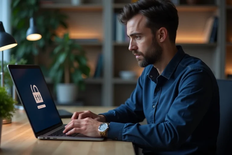 Homme utilisant un ordinateur portable pour sécuriser sa connexion sur Gozmap avec un mot de passe fort