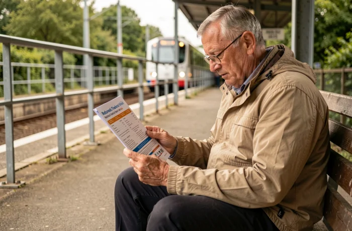 Homme senior lisant un document sur les tarifs réduits Navigo dans une gare RER de banlieue parisienne