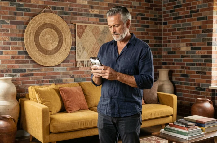 Homme parcourant une application de décoration intérieure sur smartphone dans un salon au style mid-century