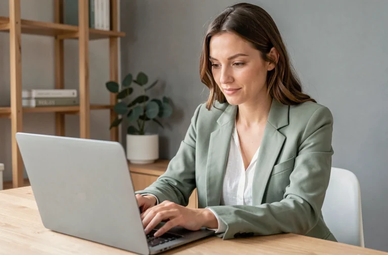 Femme consultant des tendances mode sur un ordinateur portable dans un bureau minimaliste scandinave