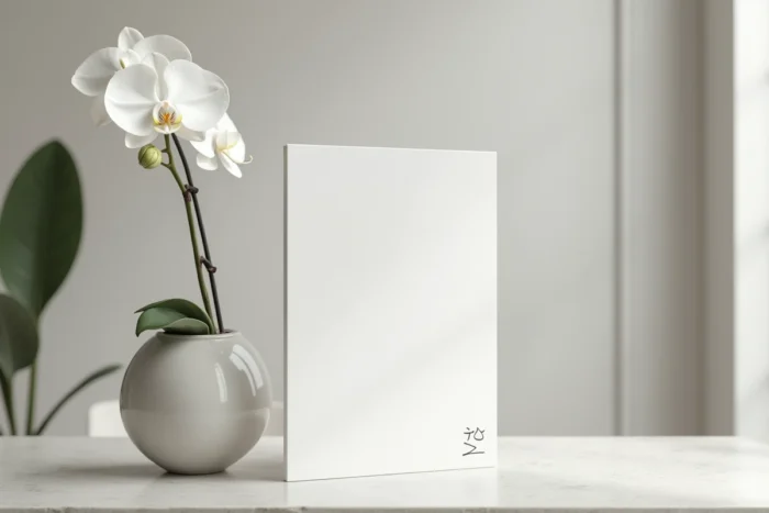 Carte blanche minimaliste avec une calligraphie noire élégante posée contre un vase en céramique avec une orchidée blanche